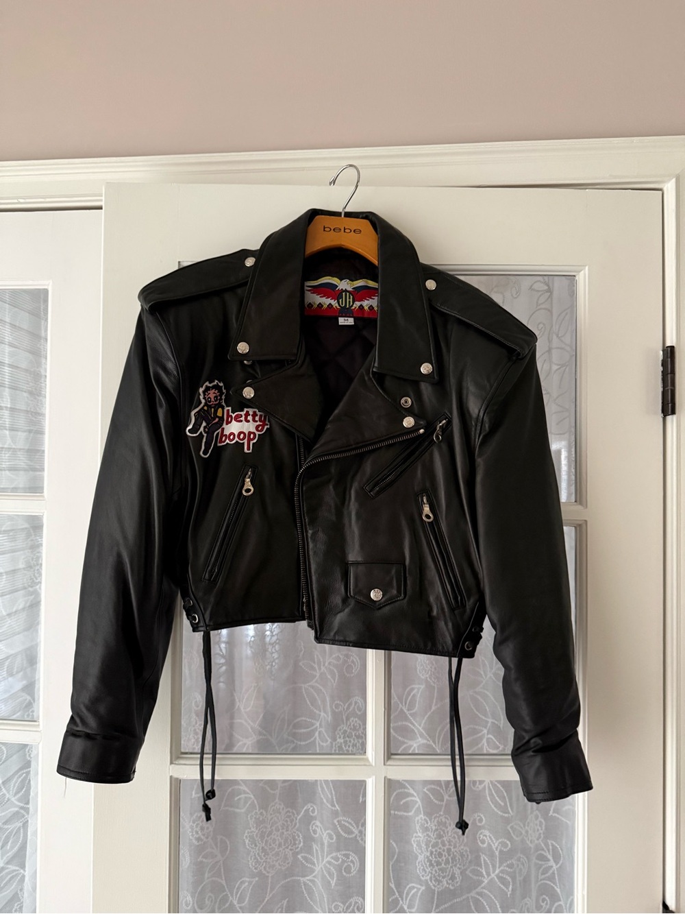 bebe Black Leather Moto Jacket with Betty Boop Patch